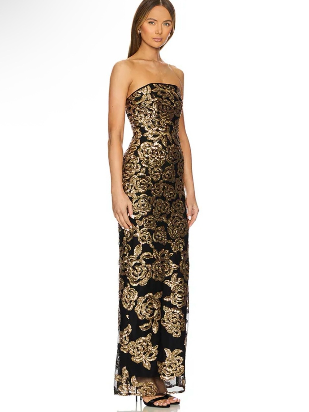 Strapless Black and Gold Sequin Floral Evening Gown